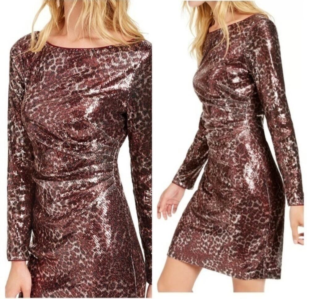Vince Camuto Leopard Print All Over Sequin Ruched Cocktail Dress size 14, New
